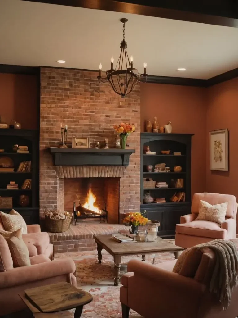 Terracotta Family Room Decor With a Brick Fireplace