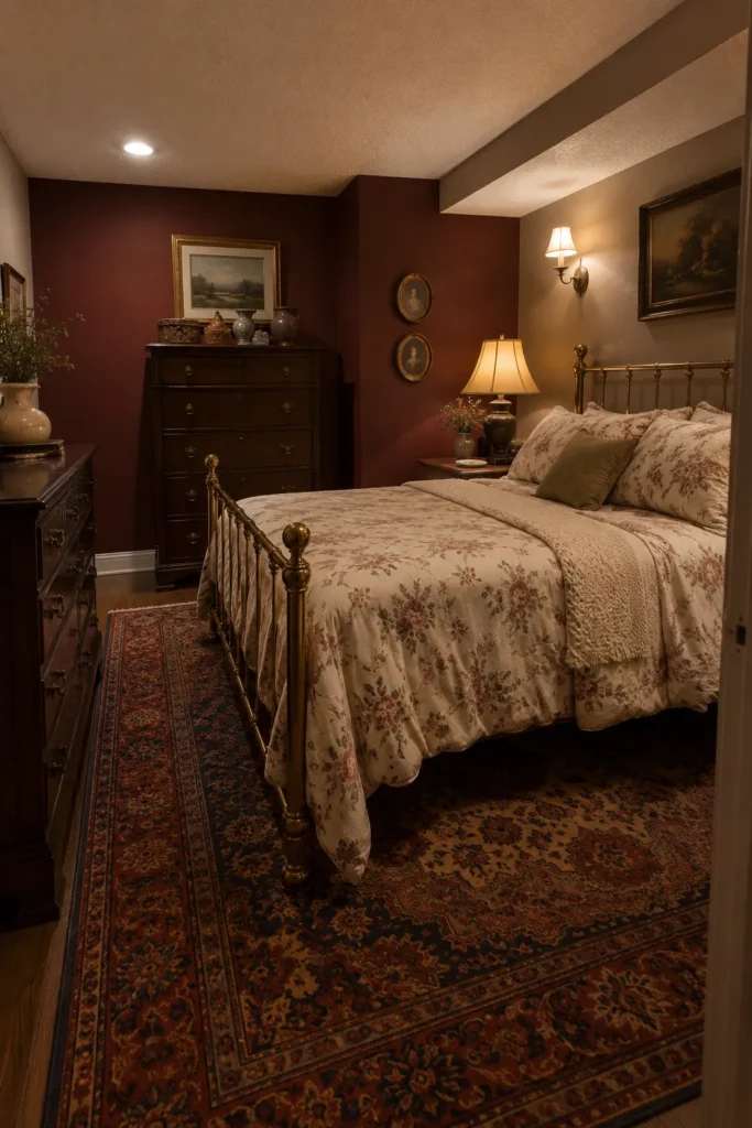 Traditional Basement Bedroom With Rich Burgundy Walls