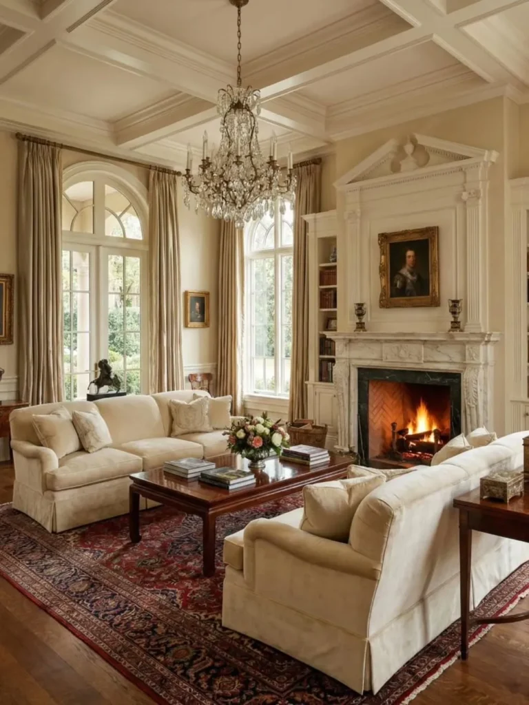 Traditional Living Room With Crystal Chandelier and Fireplace