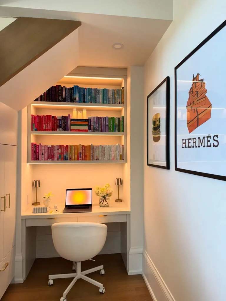 Under Stair Study Nook With Rainbow Bookshelves