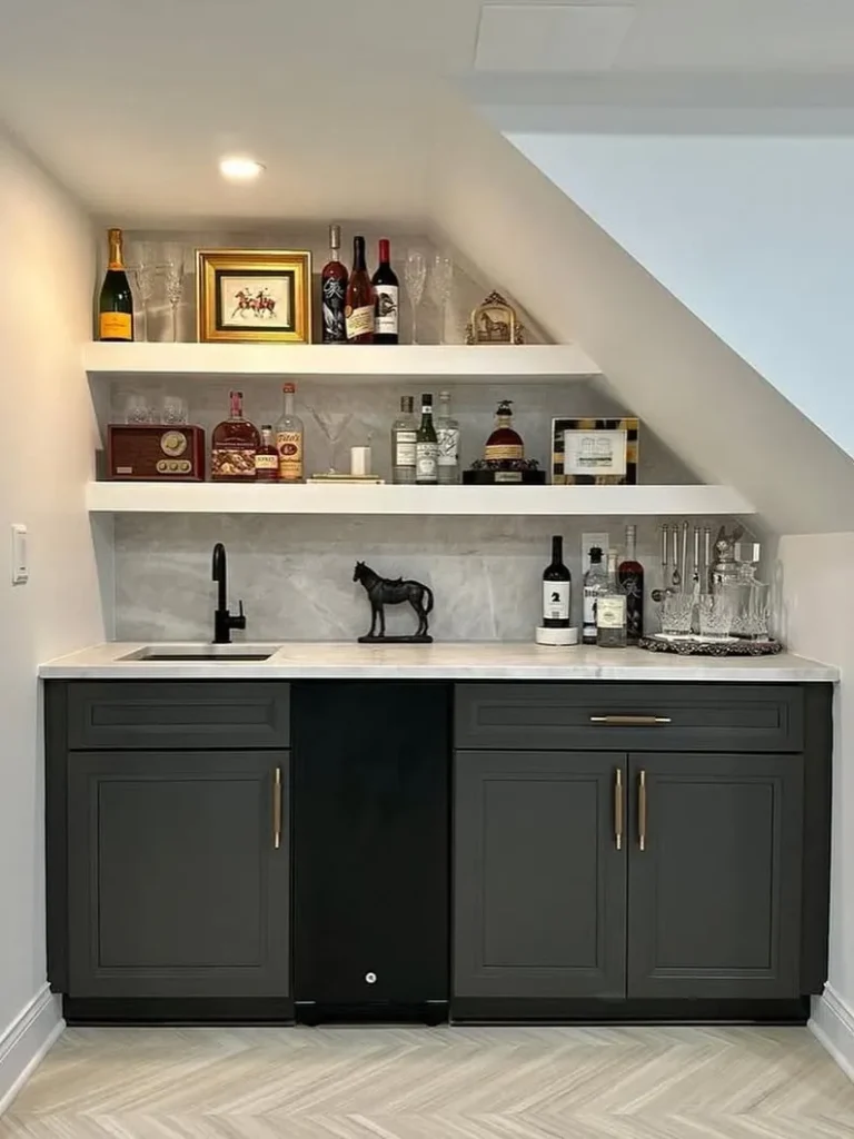 Under-the-Stairs Basement Bar With Open Shelving