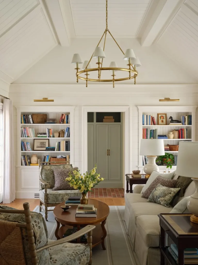 Vaulted Ceiling Family Room With Built-In Bookshelves