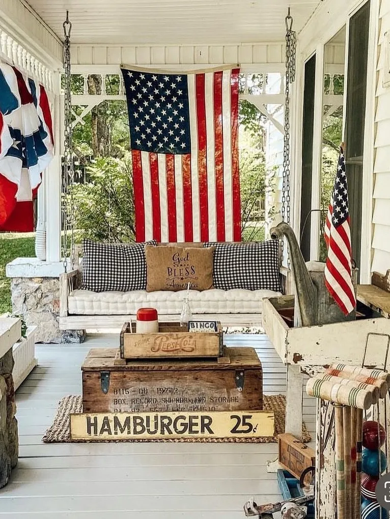 Vintage Americana Porch With Flag Wall Display