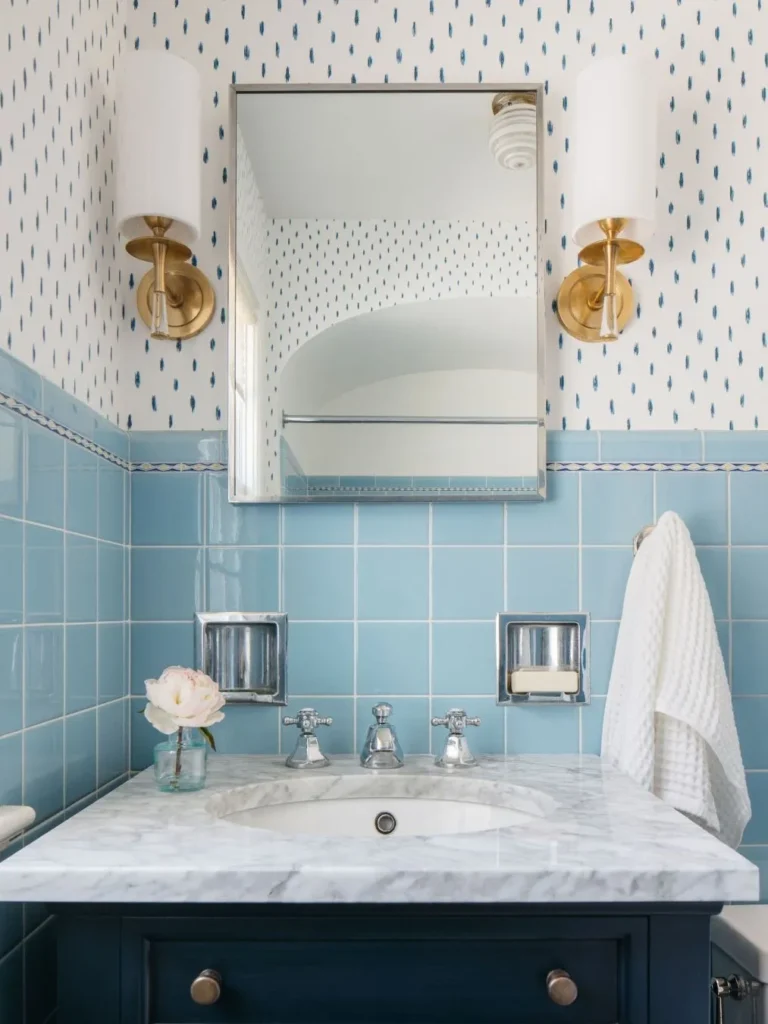 Vintage Blue Bathroom With Marble Vanity Details