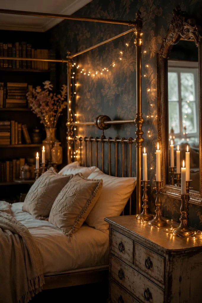 Vintage Brass Bed With Candlelit Cottage Charm