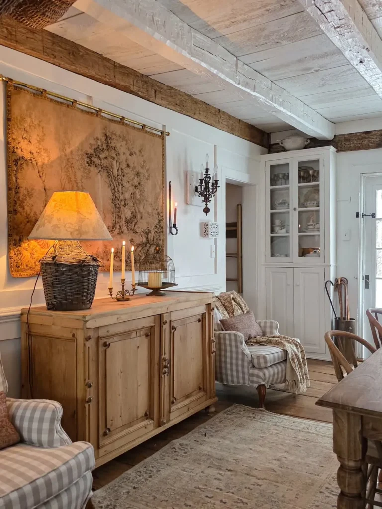 Vintage Cottage Dining Room With Natural Wood Furniture