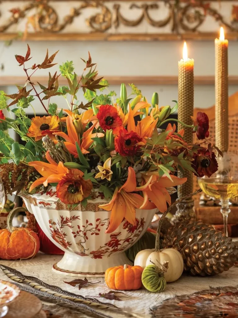 Vintage Fall Centerpiece Ideas With Seasonal Blooms and Candles