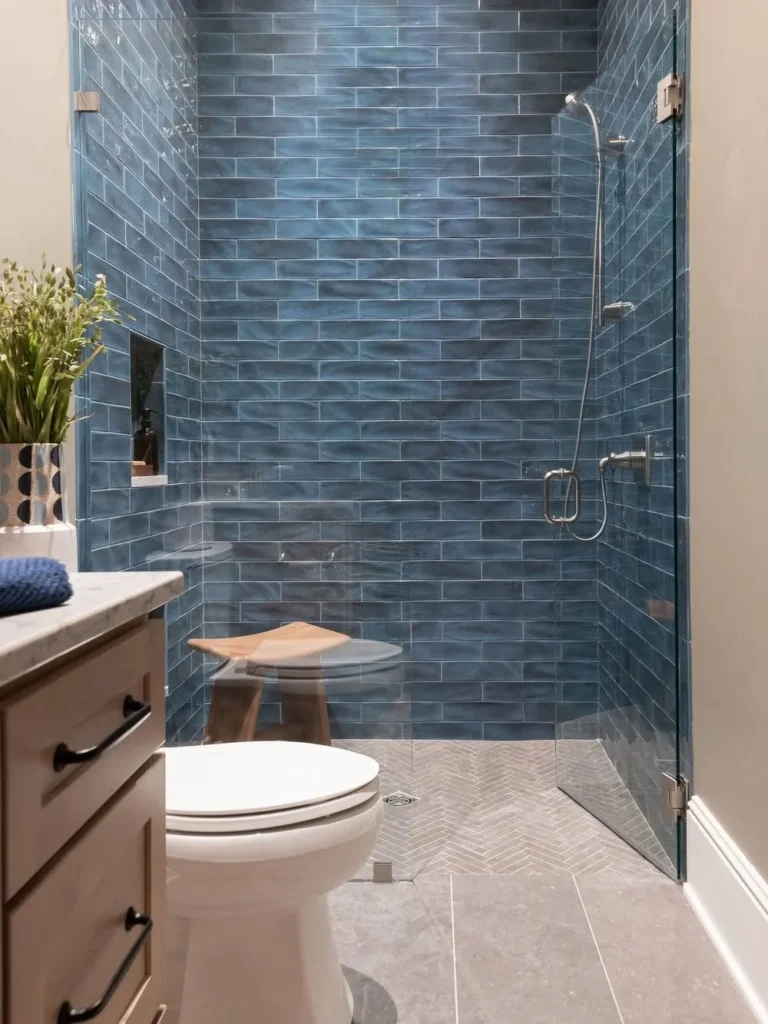 Walk-In Shower With Deep Blue Subway Tile