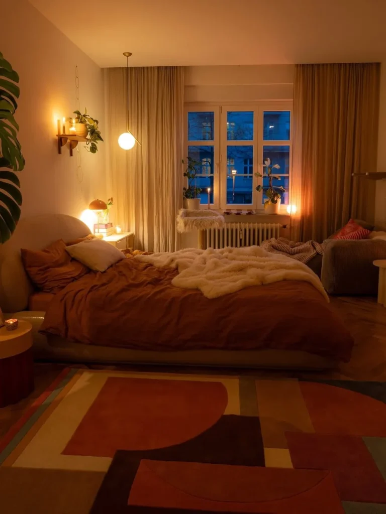 Warm Bedroom With Layered Lighting and Earthy Colors