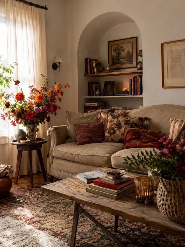 Warm Cottage Seating Area With Arched Book Nook