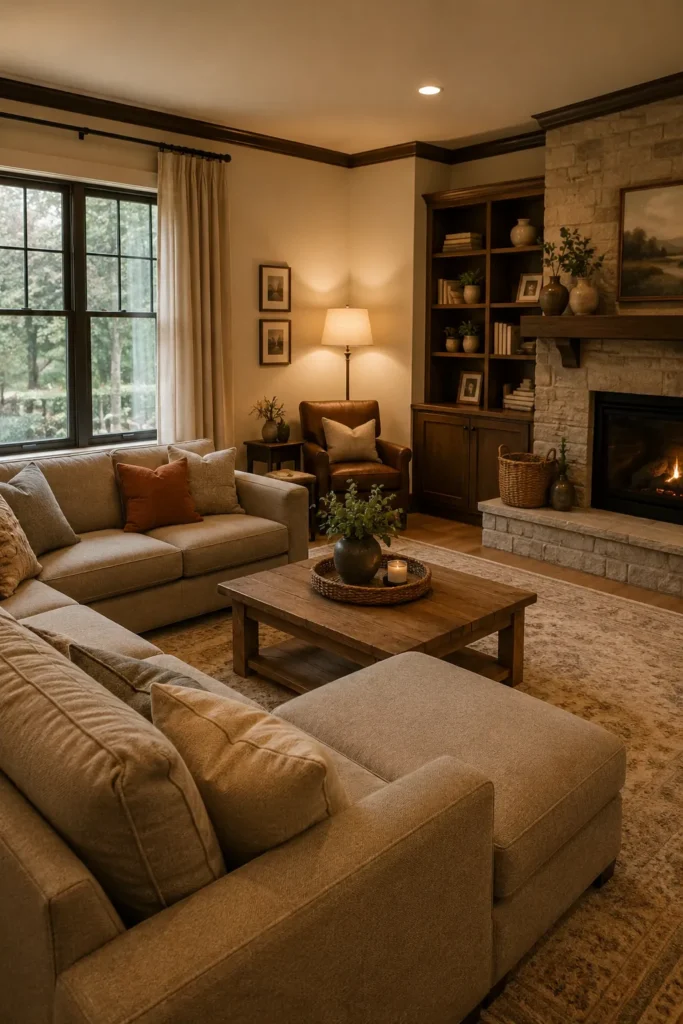 Warm Family Room With Fireplace and Leather Accents