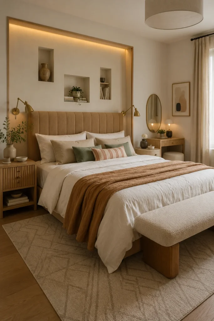 Warm Neutral Bedroom With Built-In Wall Niches