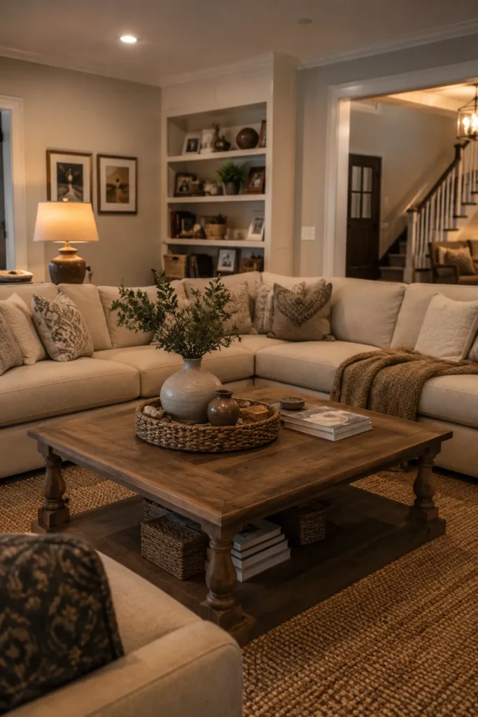 Warm Neutral Family Room With Rustic Wood