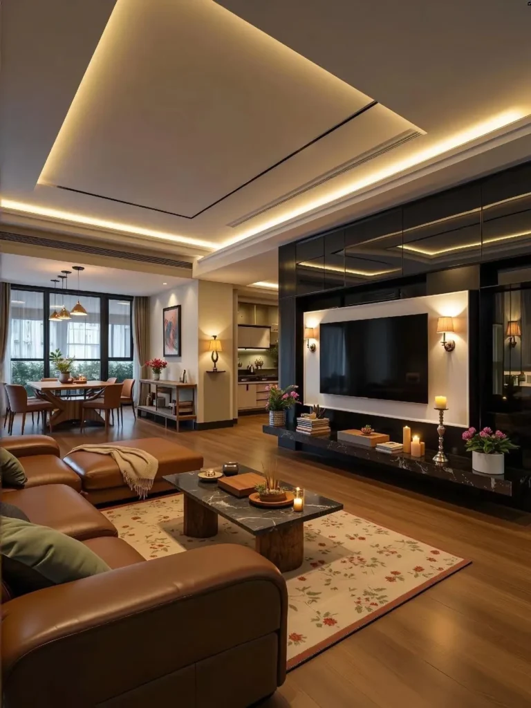 Warm Open Concept Living Room With Black Feature Wall