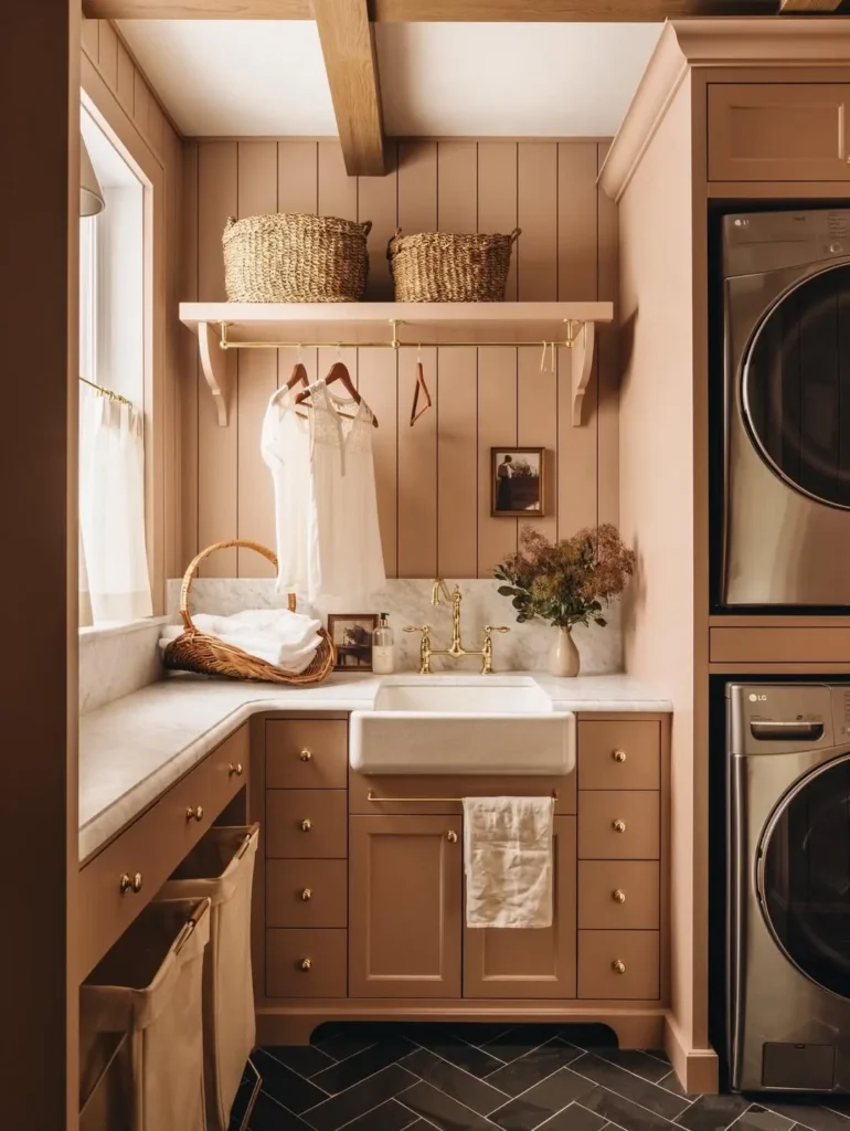 Warm Taupe Farmhouse Laundry Room With Hanging Dry Rack