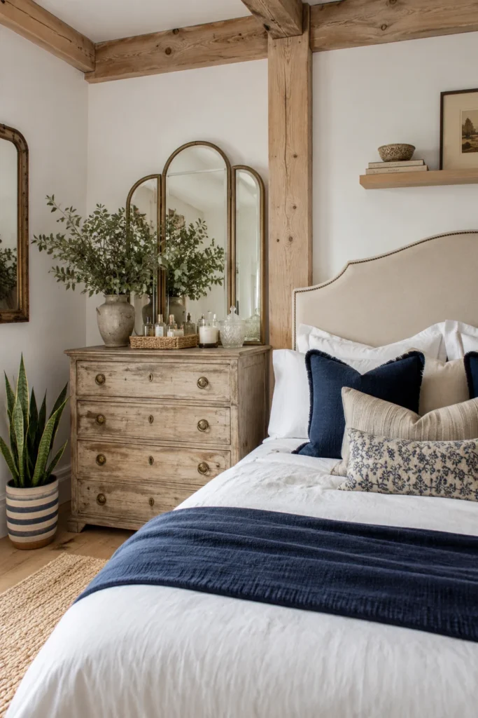 Warm Wood Bedroom With Blue and Cream Accents