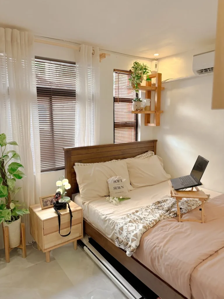 Warm Wood Small Bedroom With Indoor Plants