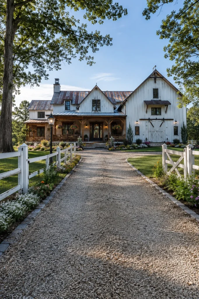 White Farmhouse Entrance With Gravel Drive
