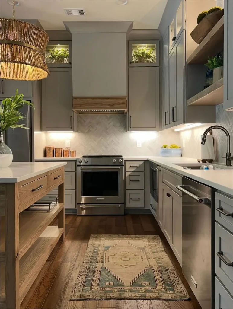 White Shaker Basement Kitchen With Wood Look Flooring