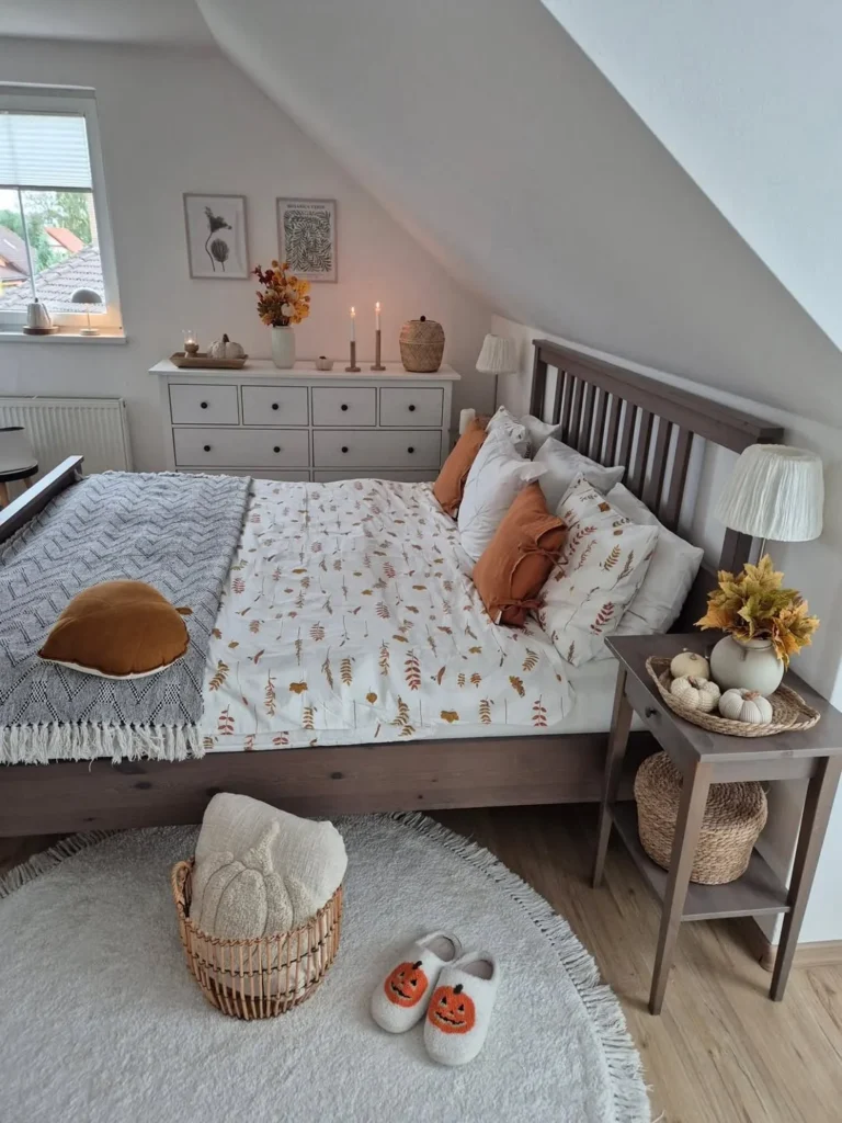 Attic Bedroom With Fall Bedding and Dresser Decor