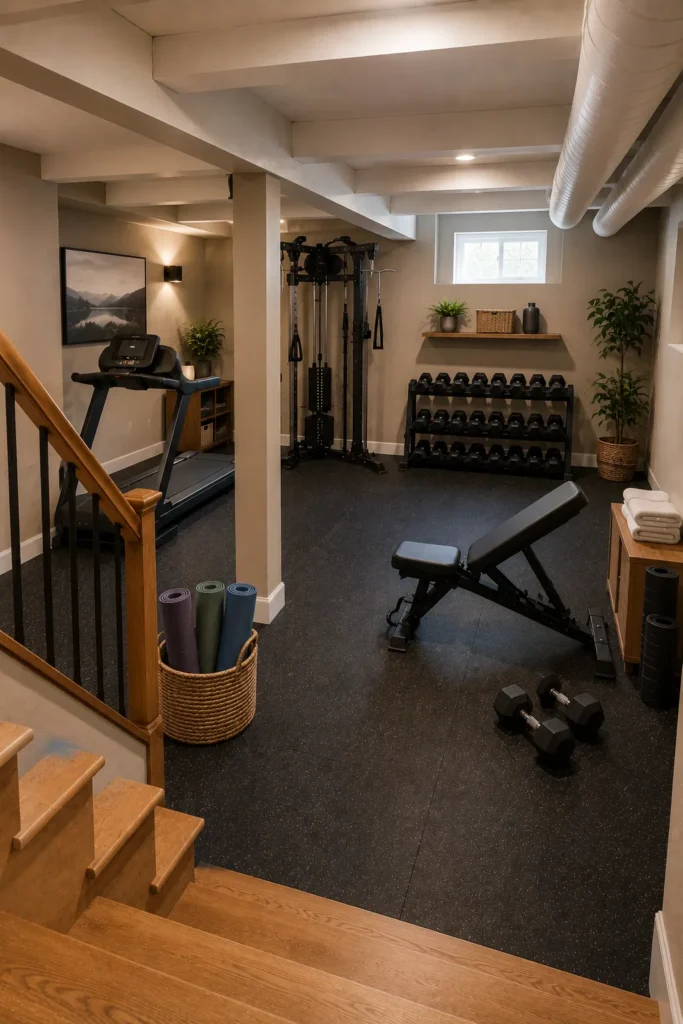 Basement Fitness Area with Warm Neutral Paint Colors