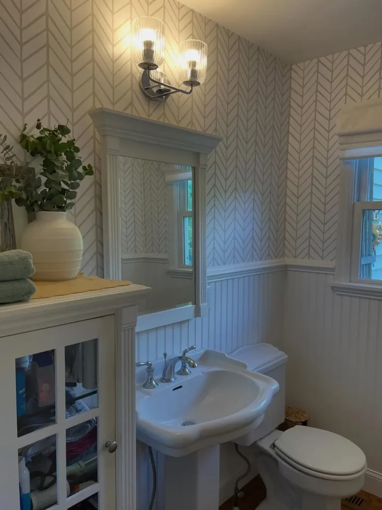 Beadboard Wainscoting With Herringbone Wallpaper
