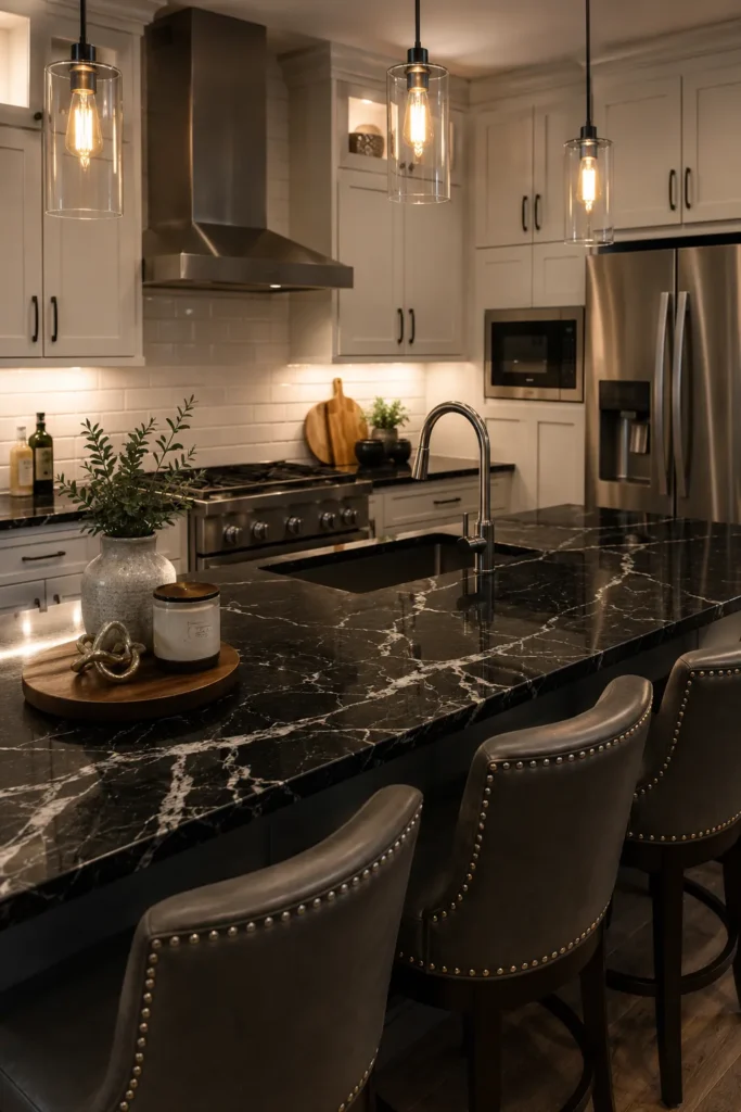 Black Granite Countertops With Warm Pendant Lights
