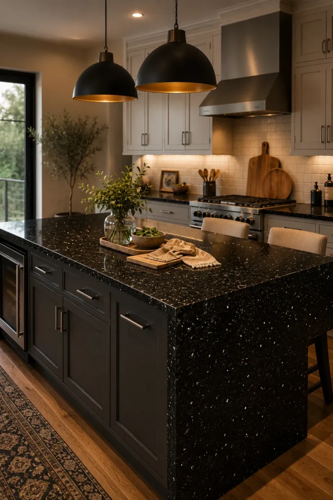 Black Granite Kitchen Island With Matte Pendant Lights
