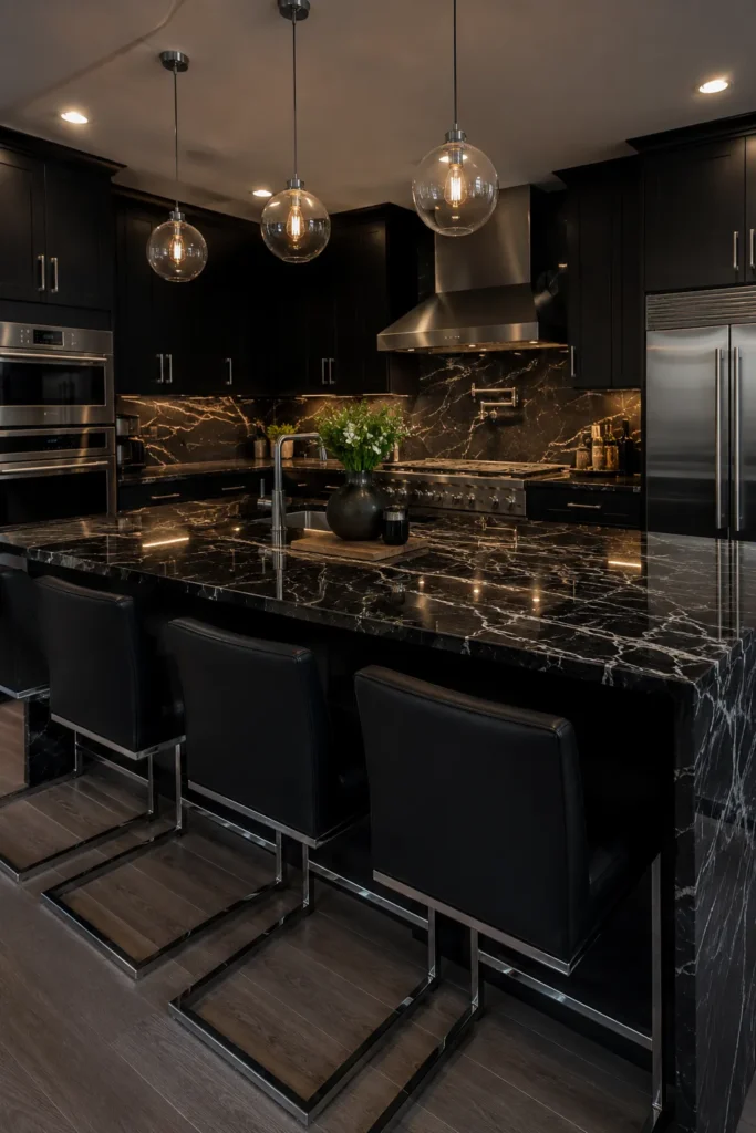 Black Kitchen Island With Stone Backsplash