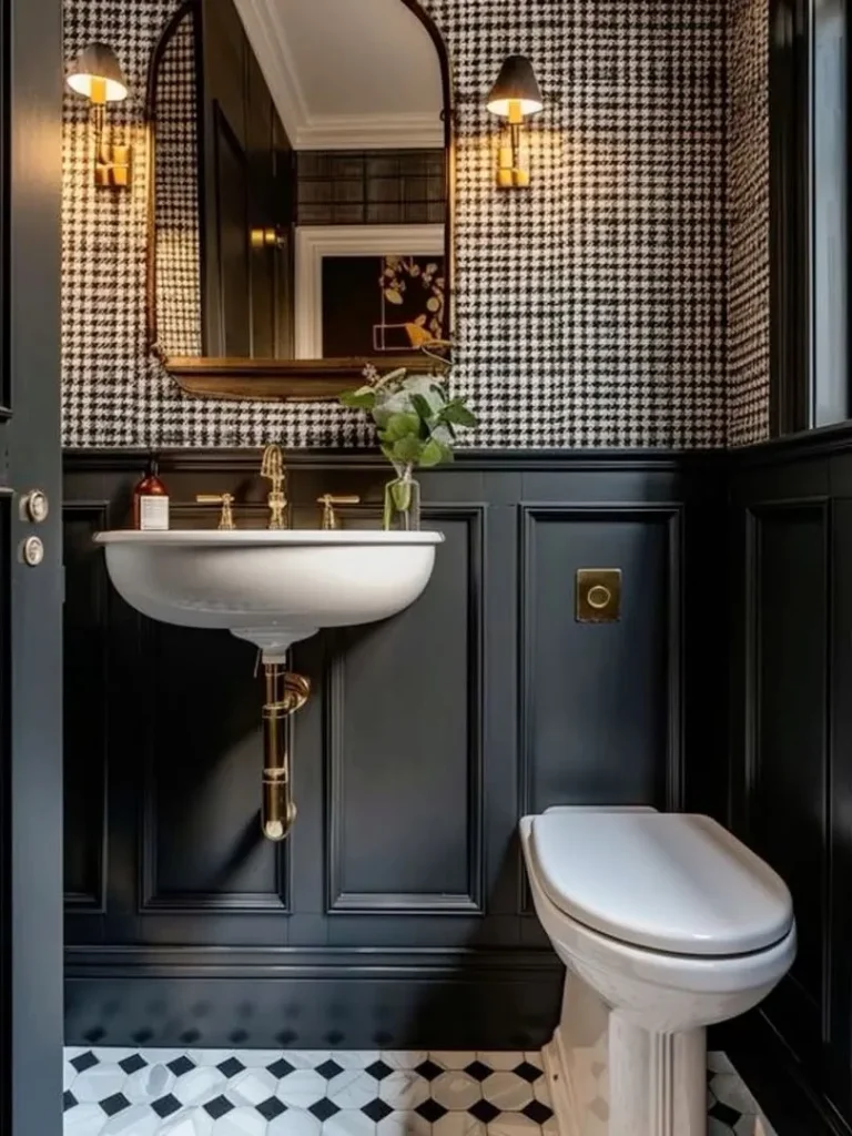 Black Picture Frame Wainscoting With Patterned Wallpaper