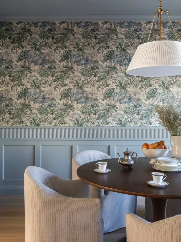 Blue Wainscoting With Scenic Wallpaper Accent