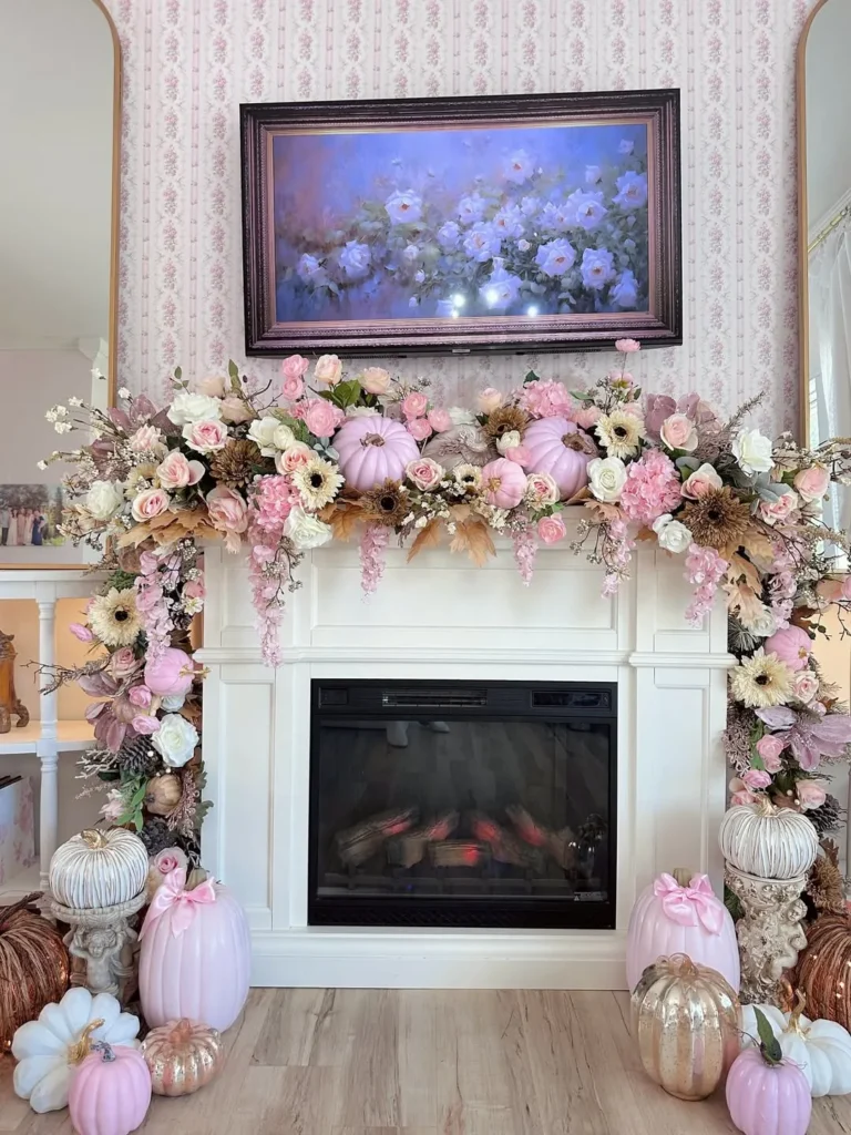 Blush Pink Fall Fireplace Decor With Floral Garland