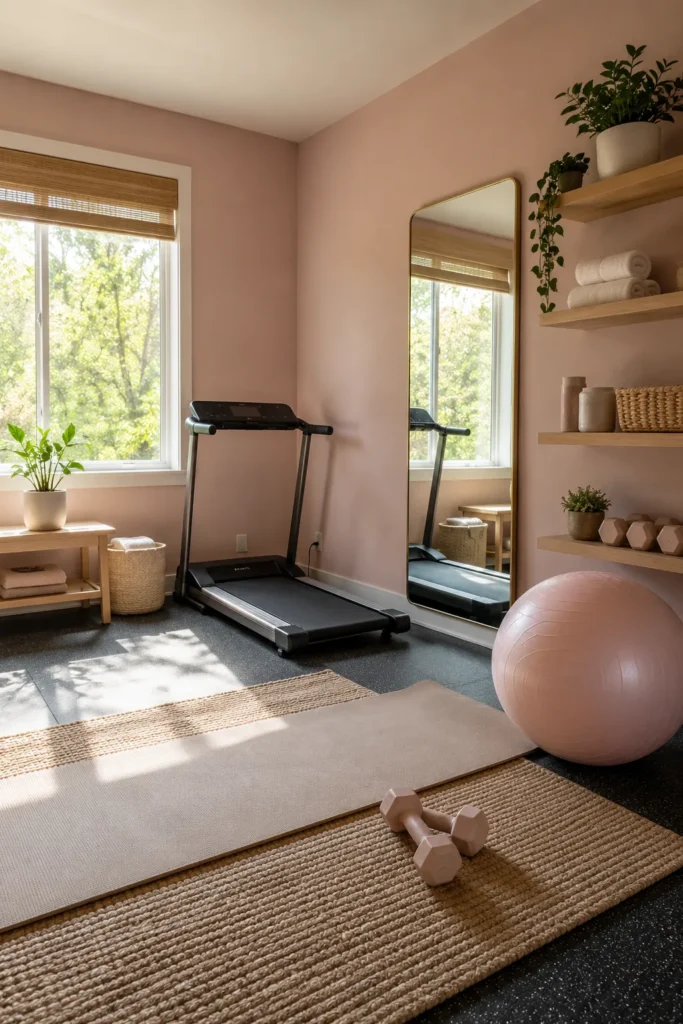 Blush Pink Home Gym with Cozy Wellness Space