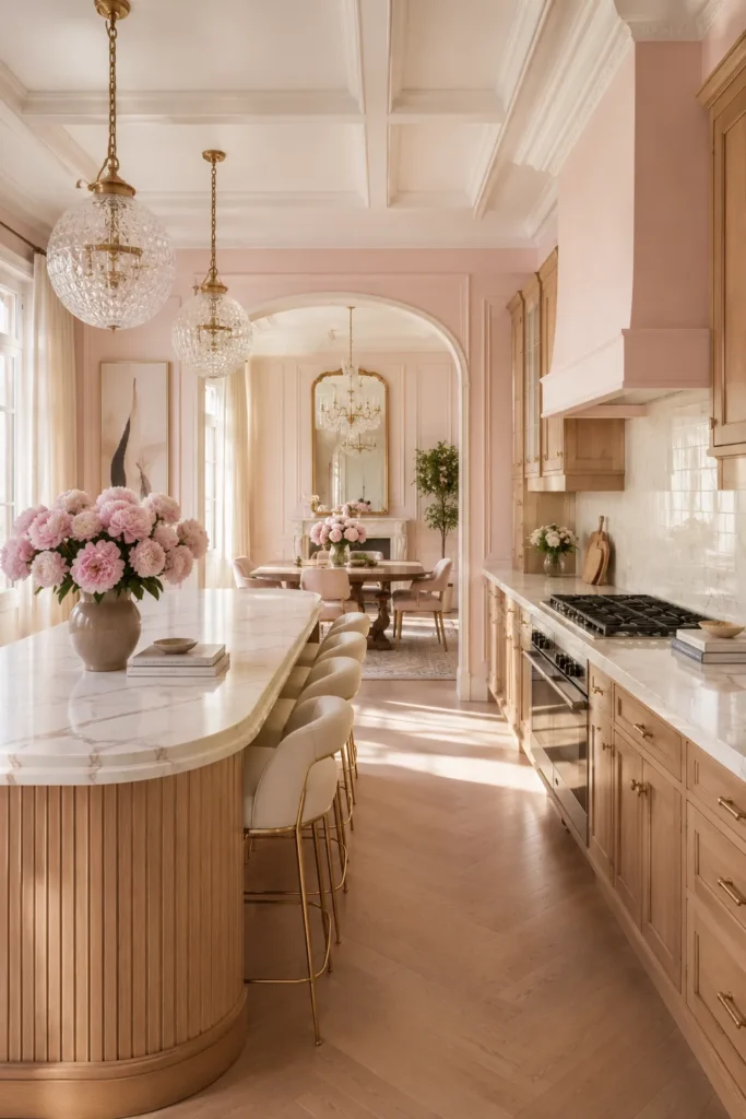 Blush Pink Honey Oak Kitchen for Elegant Charm