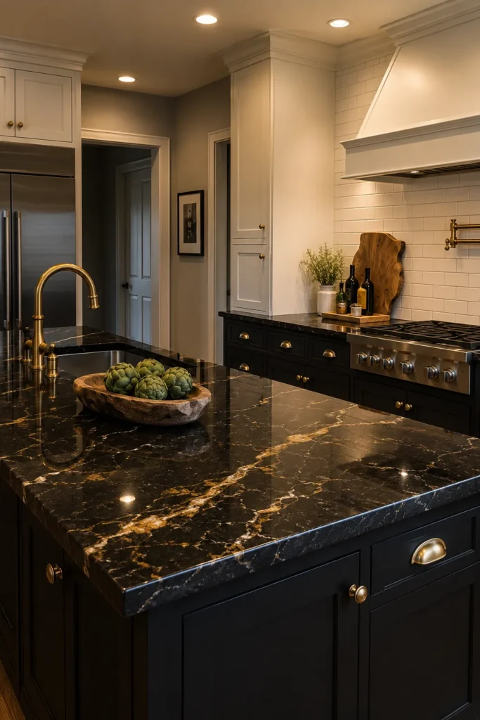 Brass Hardware and Black Granite Countertops