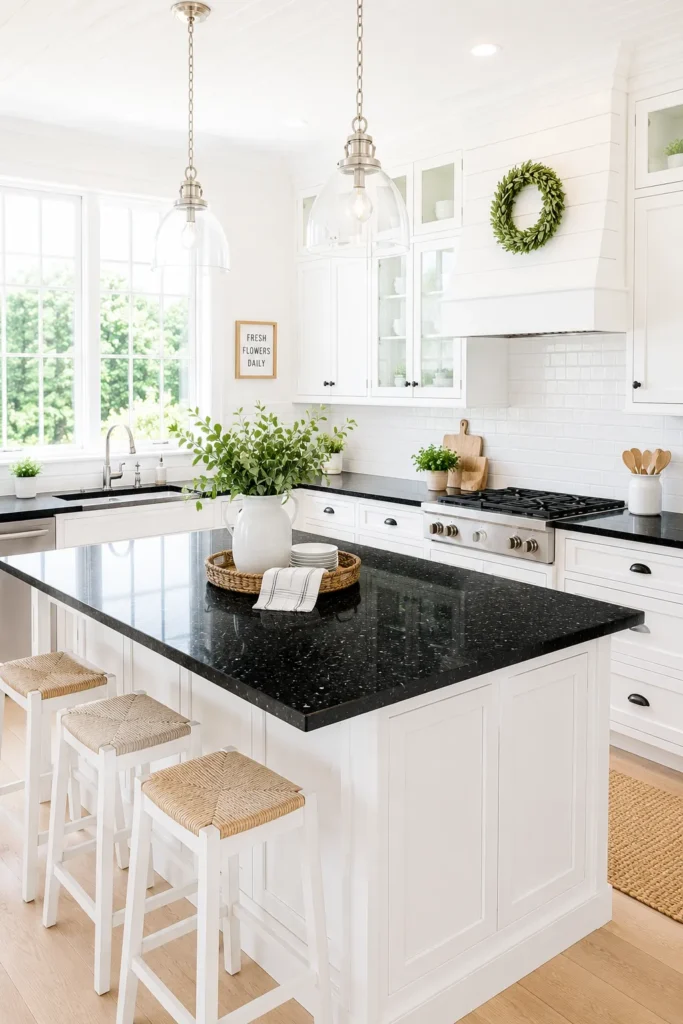Bright Farmhouse Kitchen With Black Granite Island