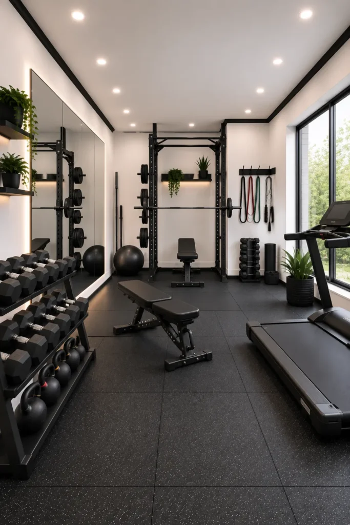 Bright White Home Gym with Modern Black Accents