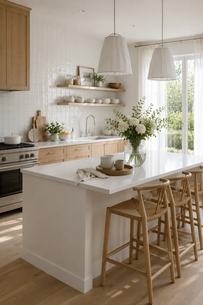 Bright White Honey Oak Kitchen with Open Shelving