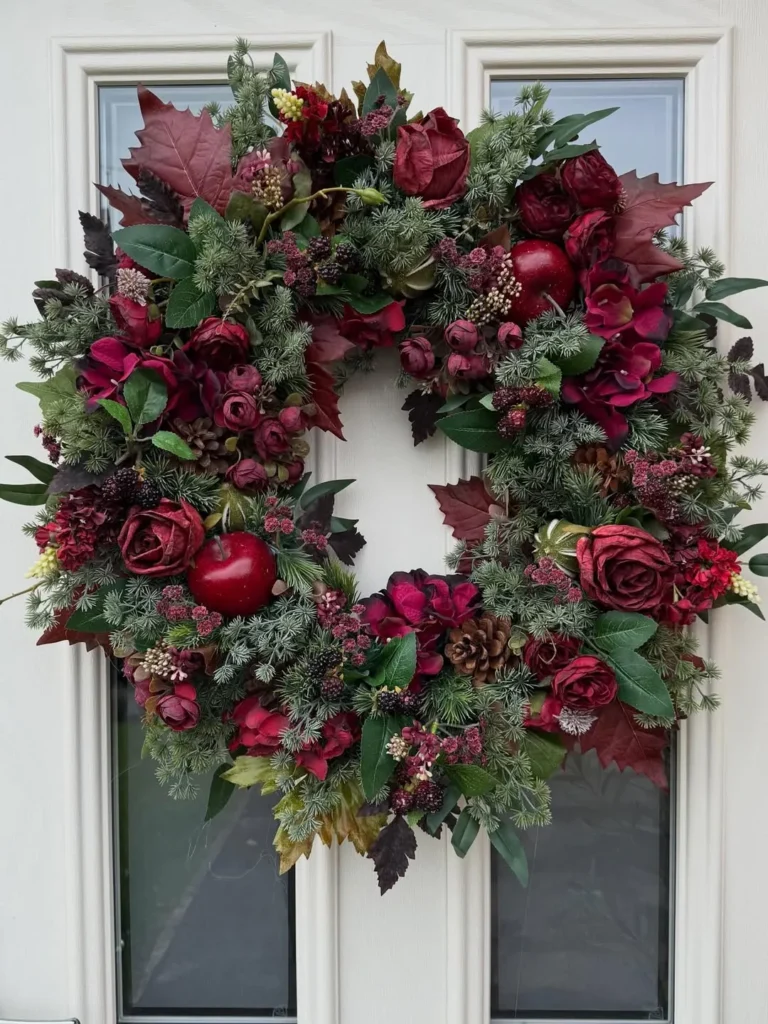 Burgundy Floral Fall Wreath With Evergreen Touches