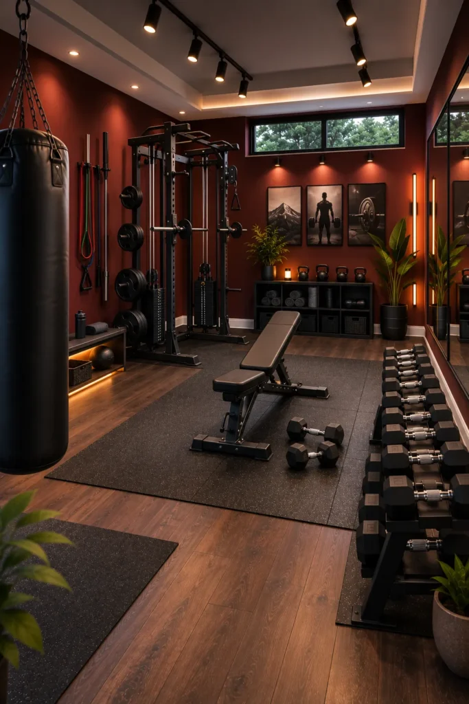 Burgundy Home Gym with Professional Strength Training Layout