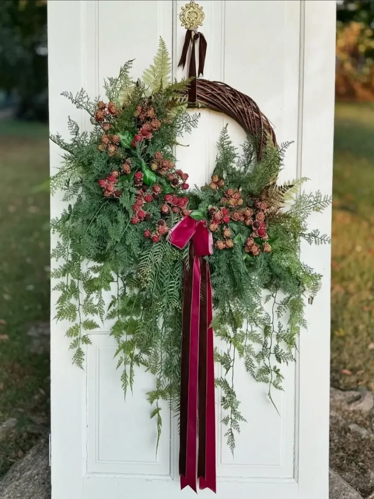 Cedar and Berry Grapevine Wreath With Long Ribbon