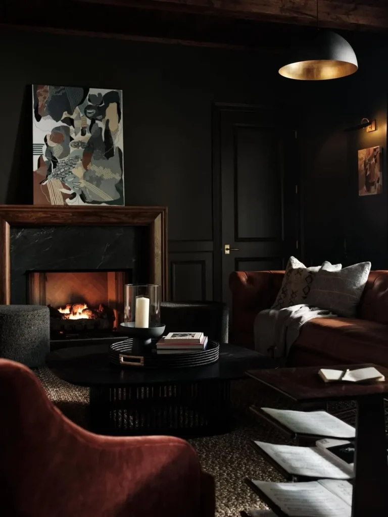 Charcoal Black Basement with a Fireplace
