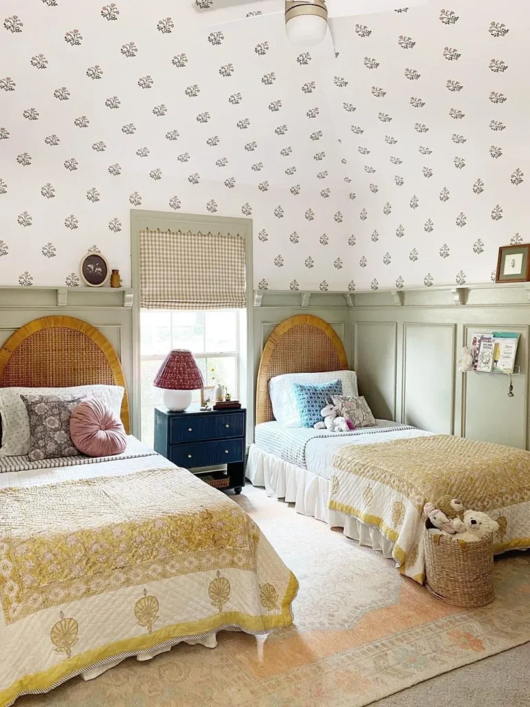 Classic Half Wall Wainscoting With Floral Wallpaper