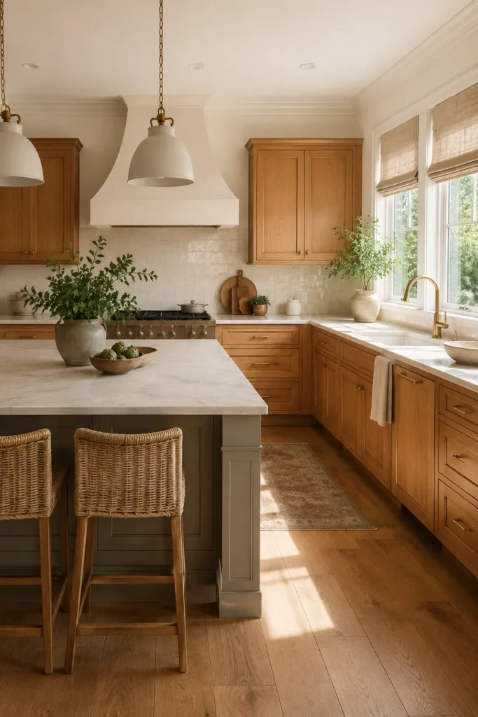 Classic Honey Oak Kitchen Cabinets with Soft Greige Island