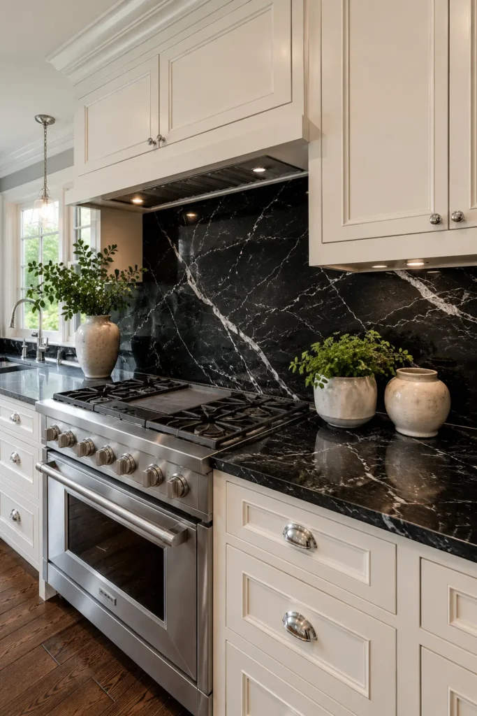 Classic White Cabinets With Black Marble Look