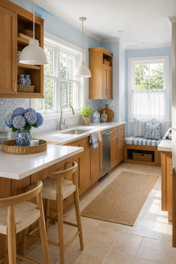 Coastal Blue Honey Oak Kitchen Cabinet Design