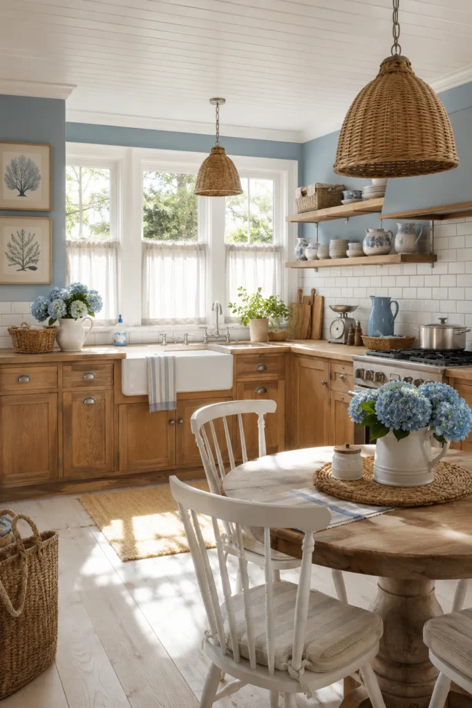 Coastal Honey Oak Kitchen Cabinets with Sky Blue Walls
