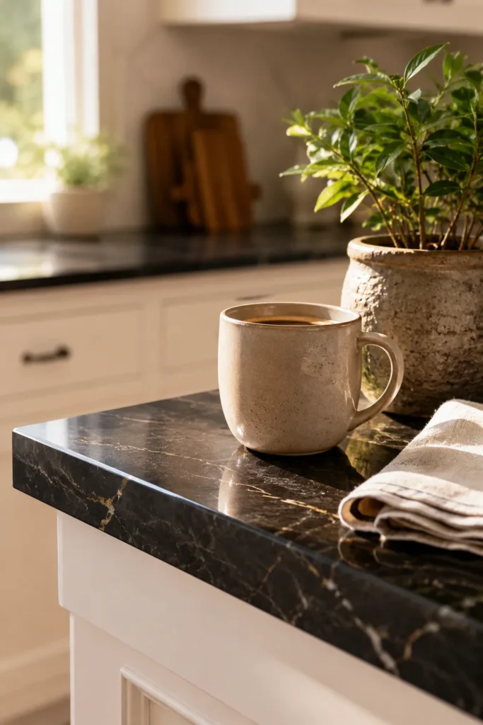 Coffee Corner on a Black Granite Countertop