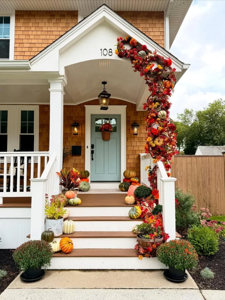 Colorful Front Entry With Cascading Autumn Garland