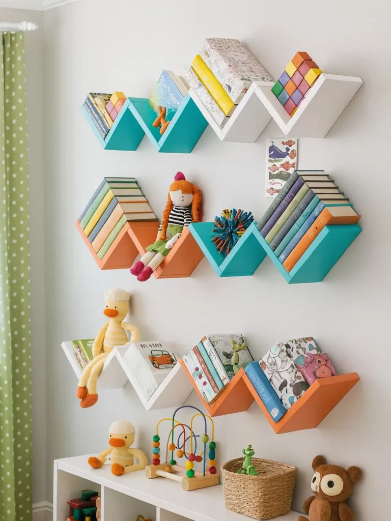 Colorful Geometric Nursery Bookshelf Wall